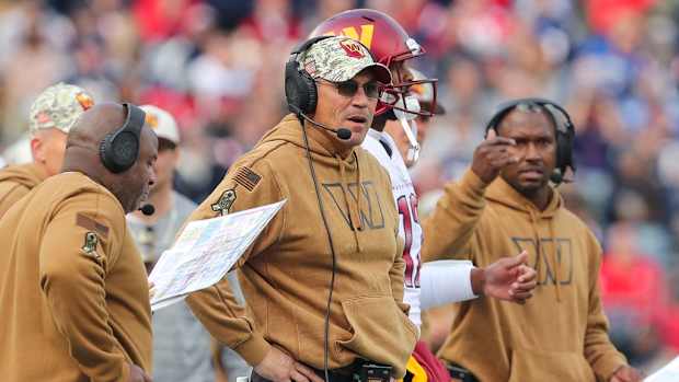 Washington Commanders head coach Ron Rivera reacts during the first half against the New England Patriots at Gillette Stadium.